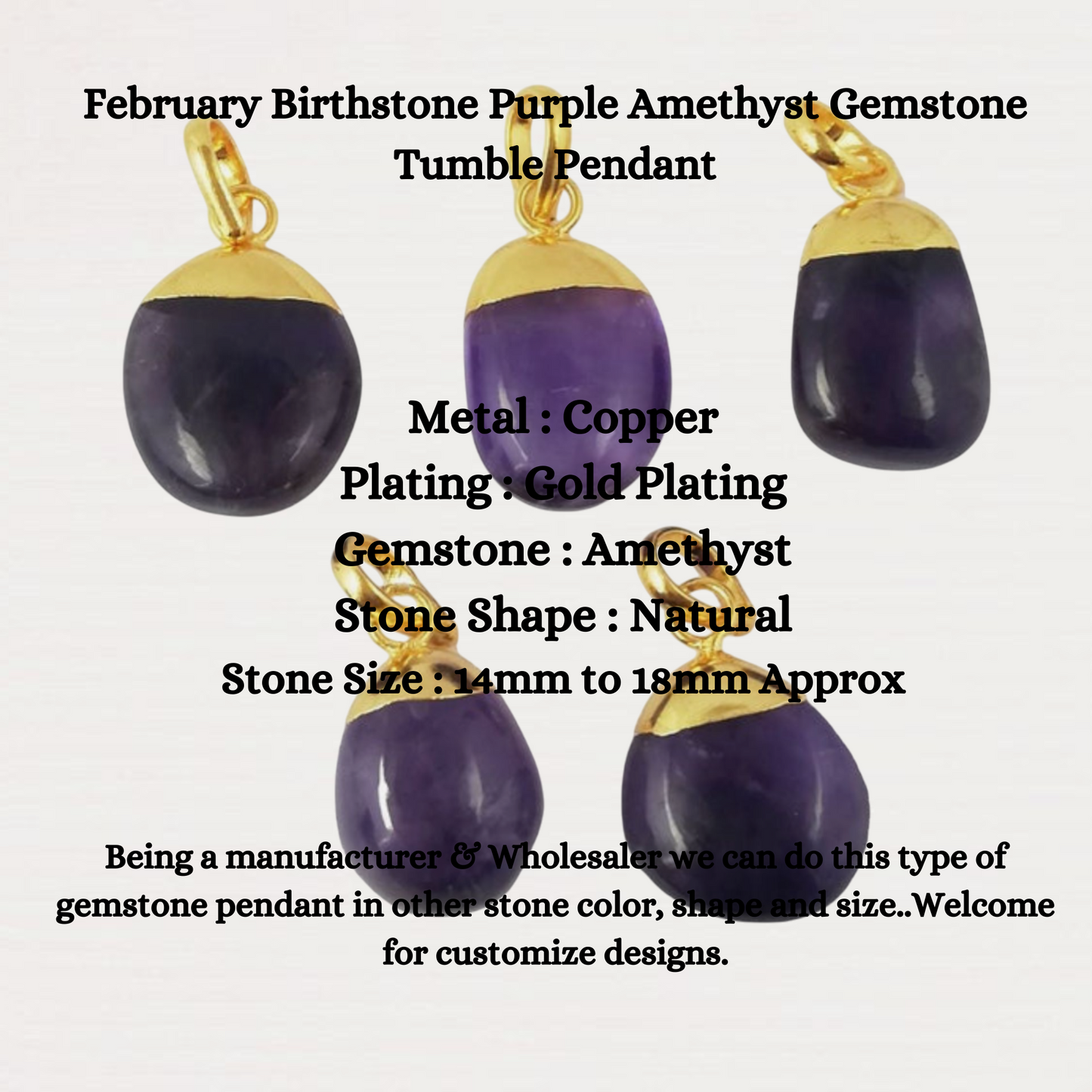 February Birthstone Purple Amethyst Gemstone Tumble Pendant Gold Electroplated Fine Jewelry-Selling Per Piece
