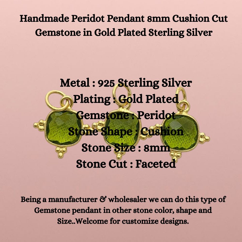 Gold Plated Peridot Pendant - 8mm Cushion Cut Gemstone in Sterling Silver Necklace