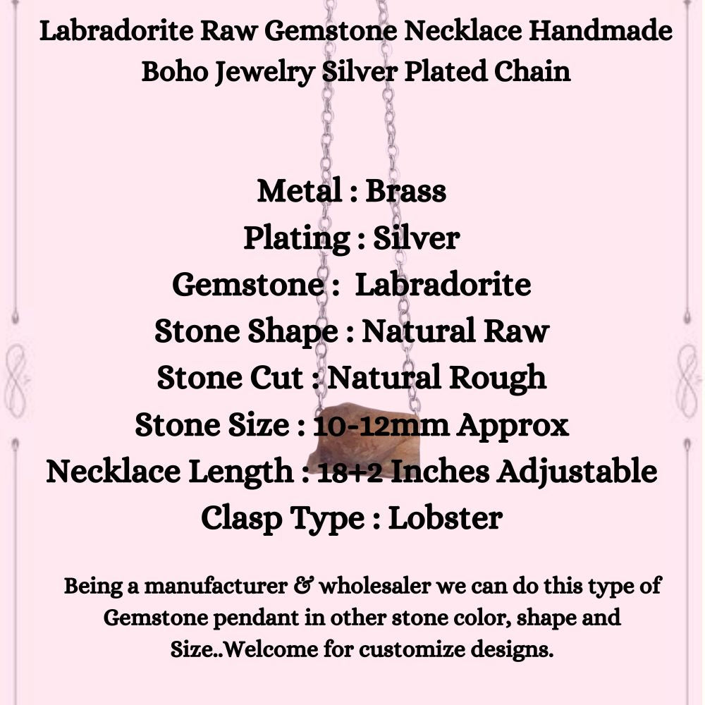 Labradorite Raw Gemstone Necklace Handmade Boho Jewelry Silver Plated Chain