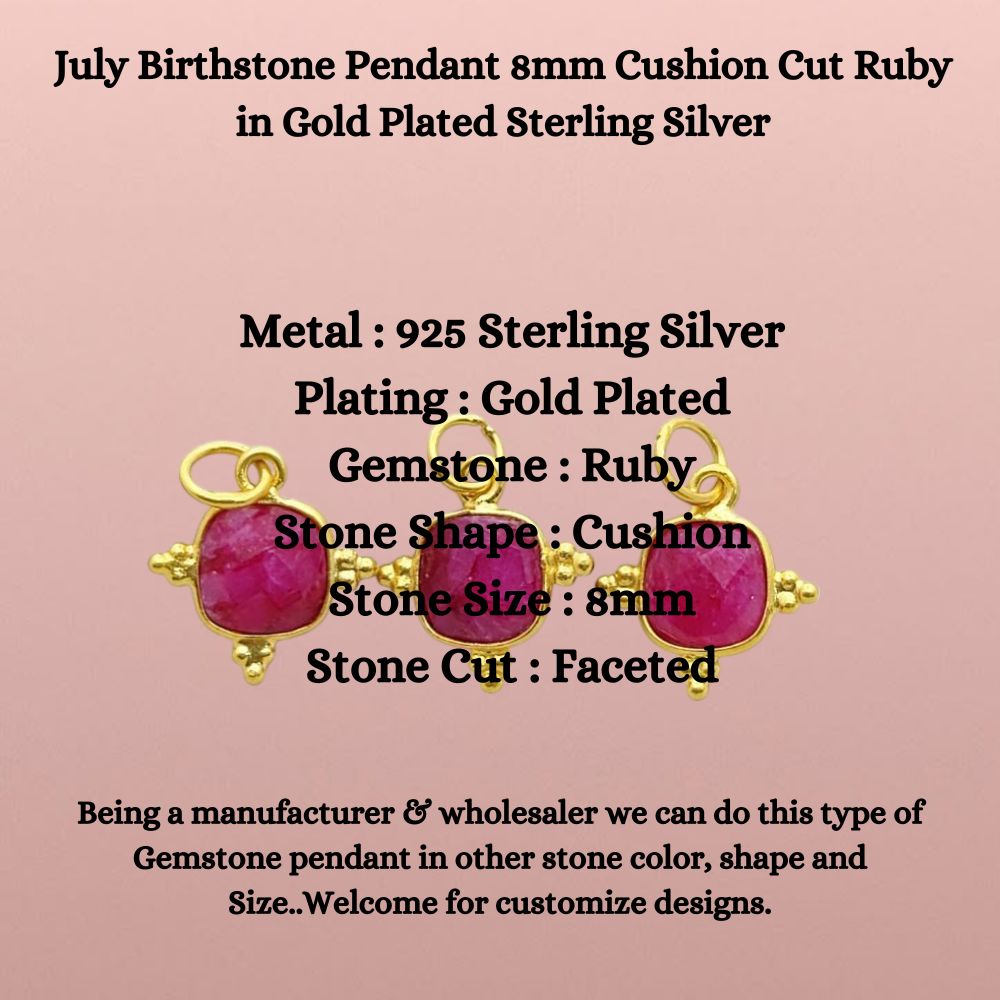 Gold Plated Ruby Pendant - 8mm Cushion Cut, July Birthstone Sterling Silver Charm