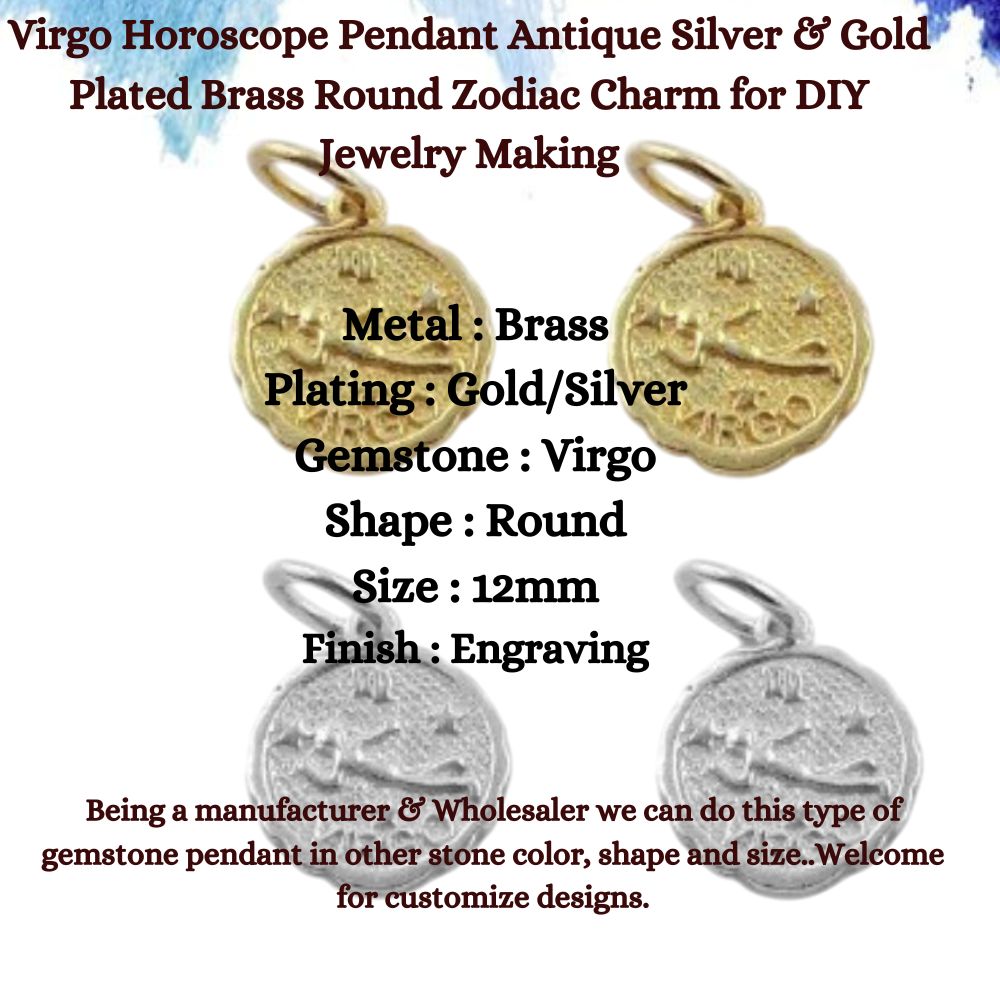 Virgo Horoscope Pendant Antique Silver & Gold Plated Brass Round Zodiac Charm for DIY Jewelry Making- Selling Per Piece