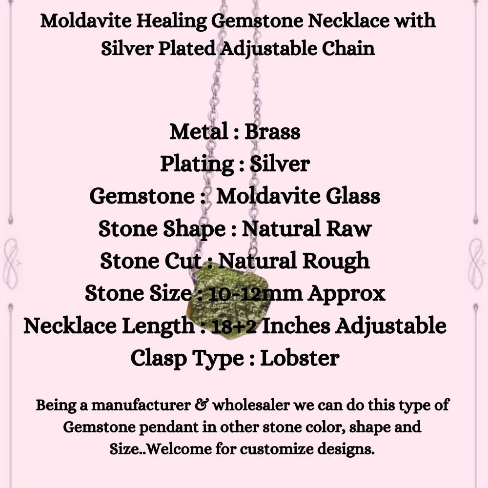 Moldavite Healing Gemstone Necklace with Silver Plated Adjustable Chain