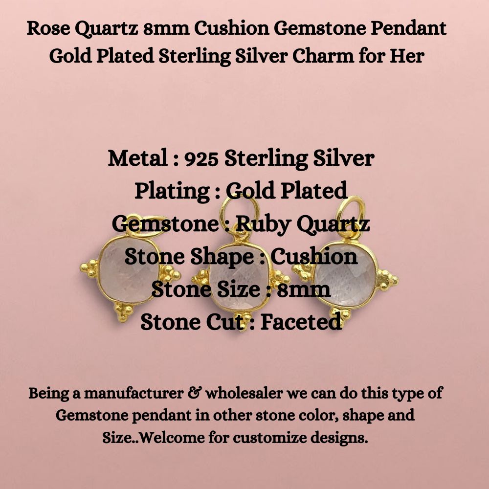 Gold Plated Rose Quartz Pendant - 8mm Cushion Gemstone Sterling Silver Charm