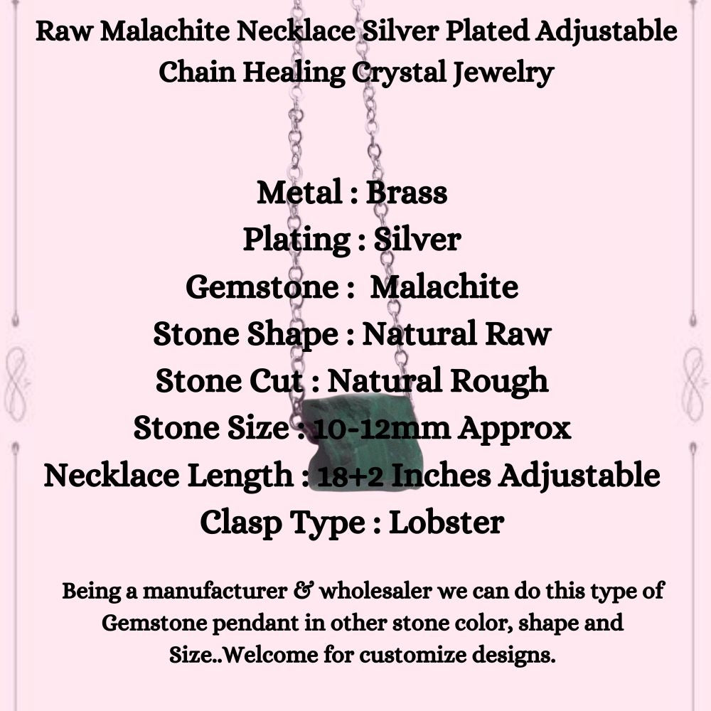 Raw Malachite Necklace Silver Plated Adjustable Chain Healing Crystal Jewelry