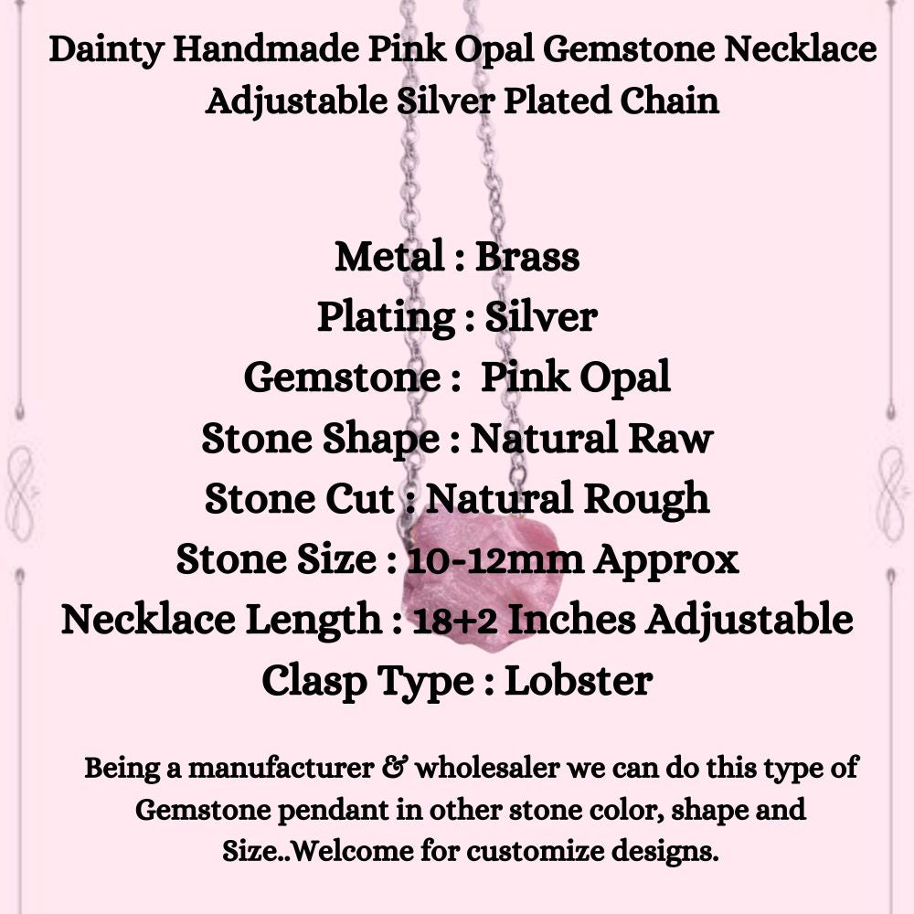 Dainty Handmade Pink Opal Gemstone Necklace Adjustable Silver Plated Chain
