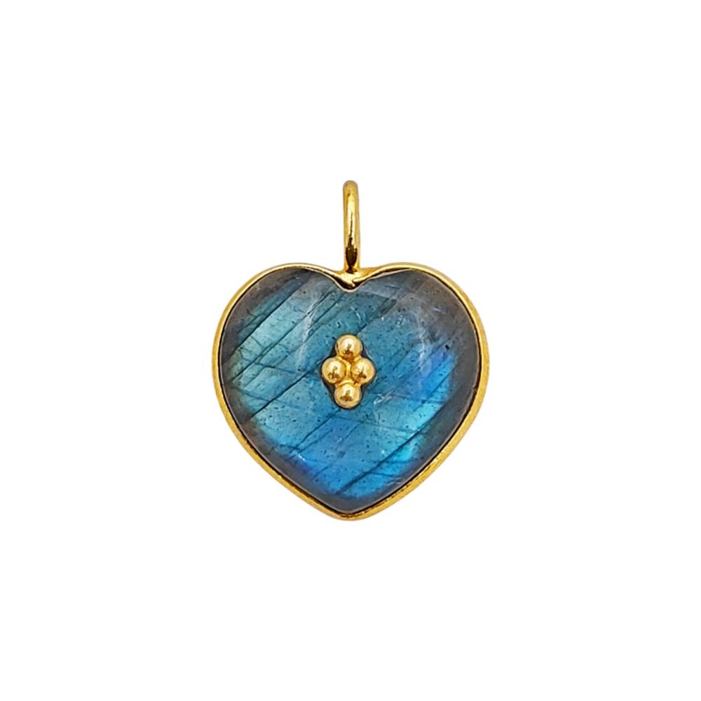 15mm Heart Pendant with Blue Fire Labradorite, Handmade Gold Plated Sterling Silver Bezel, Natural Gemstone Jewelry Charm for Necklaces- Selling Per Piece