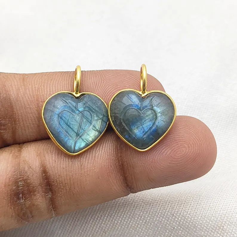 15mm LabradoriHeart Pendant Handmade Gold Plated Sterling Silver Healing Gemstone Necklace Charms for Women- Selling Per Piece