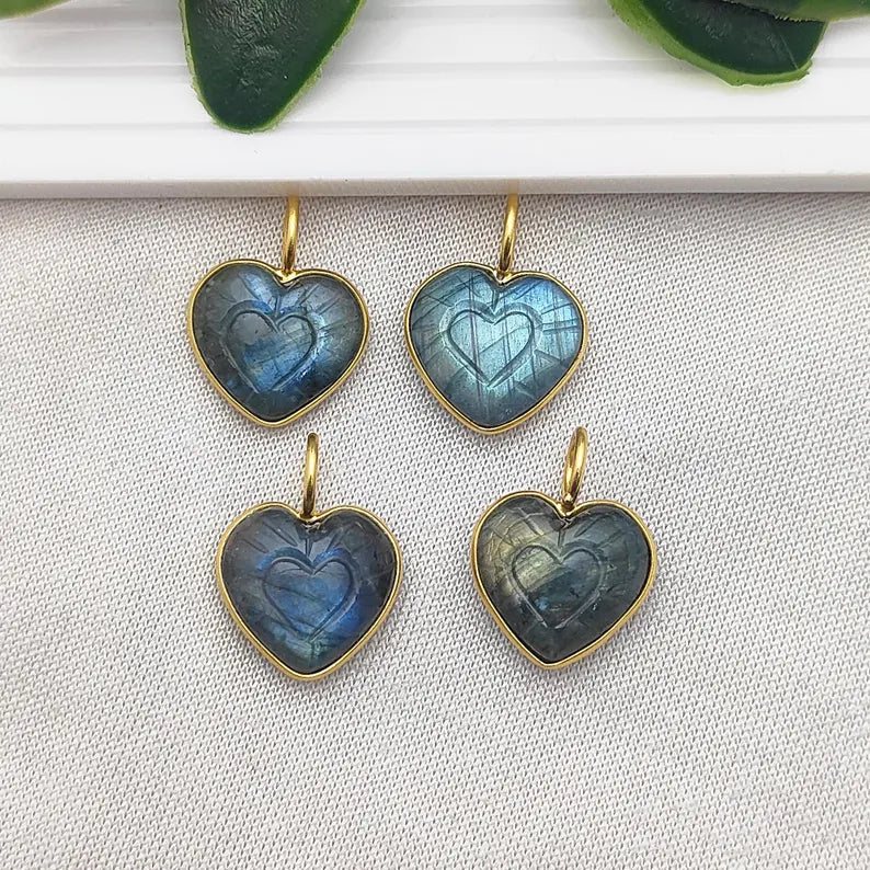 15mm LabradoriHeart Pendant Handmade Gold Plated Sterling Silver Healing Gemstone Necklace Charms for Women- Selling Per Piece