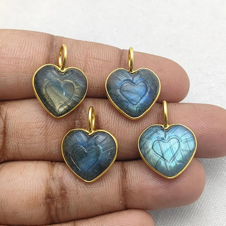 15mm LabradoriHeart Pendant Handmade Gold Plated Sterling Silver Healing Gemstone Necklace Charms for Women- Selling Per Piece