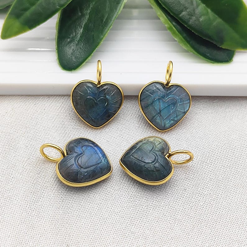 15mm LabradoriHeart Pendant Handmade Gold Plated Sterling Silver Healing Gemstone Necklace Charms for Women- Selling Per Piece