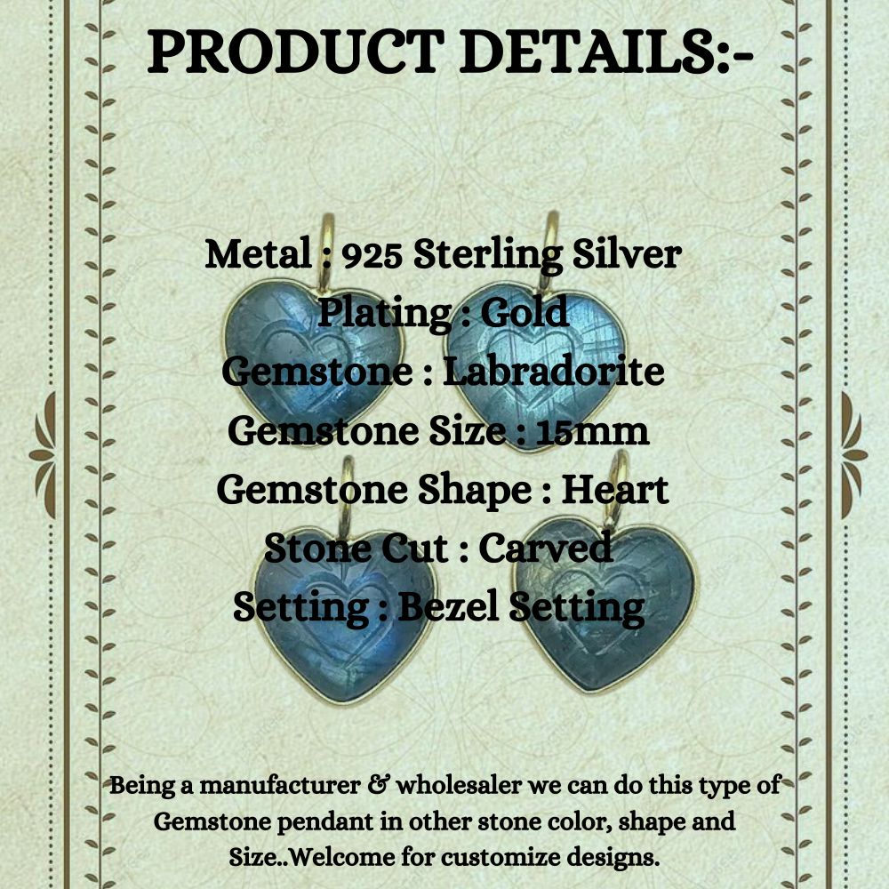 15mm LabradoriHeart Pendant Handmade Gold Plated Sterling Silver Healing Gemstone Necklace Charms for Women- Selling Per Piece