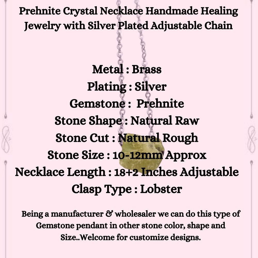 Prehnite Crystal Necklace Handmade Healing Jewelry with Silver Plated Adjustable Chain