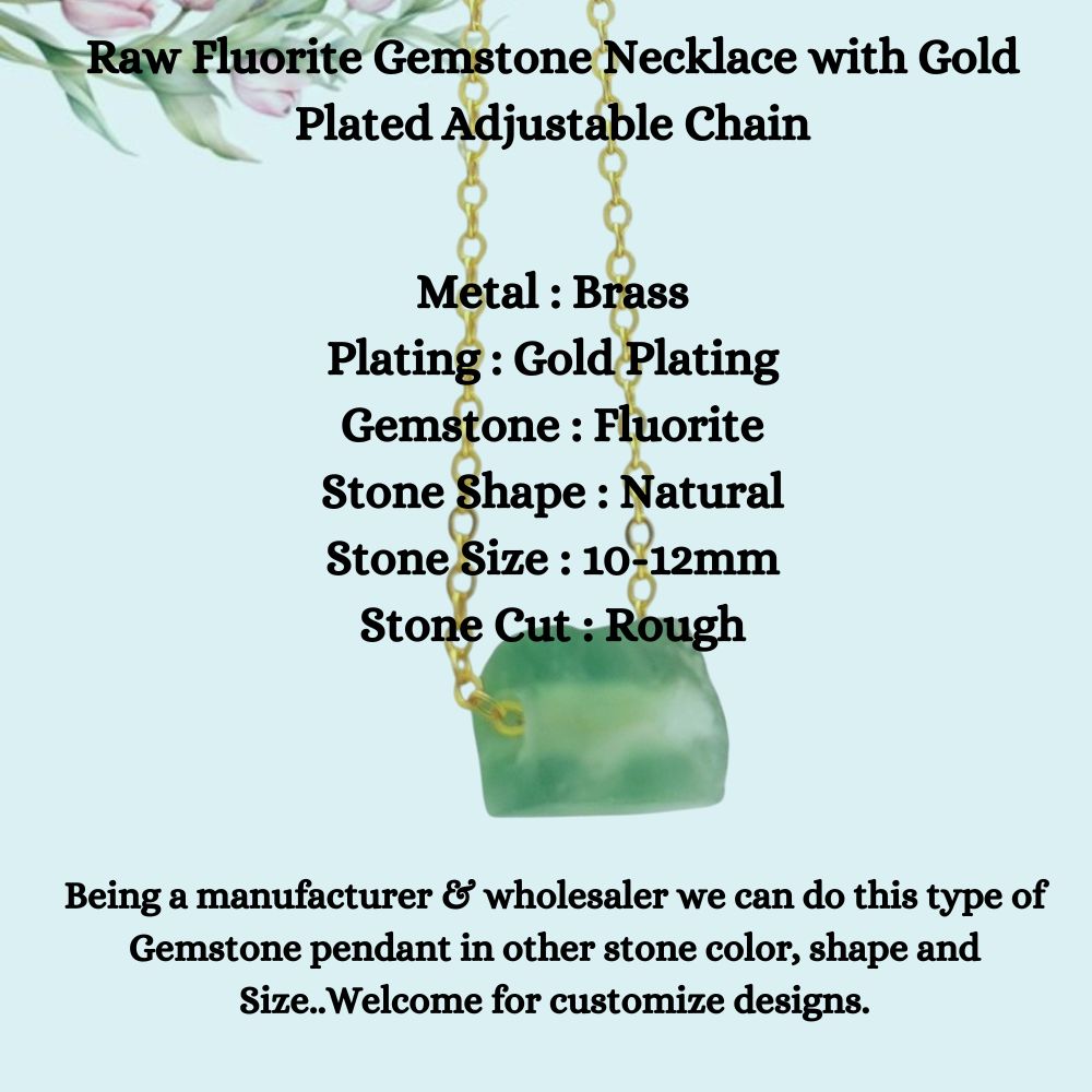 Raw Fluorite Gemstone Necklace with Gold Plated Adjustable Chain