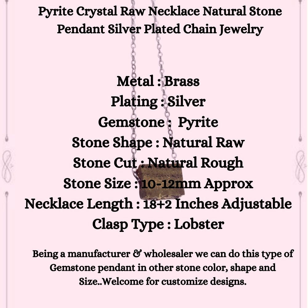 Pyrite Crystal Raw Necklace Natural Stone Pendant Silver Plated Chain Jewelry