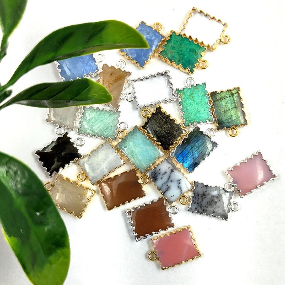 Minimalist Rectangle Gemstone Pendant - Electroplated Zig Zag Design