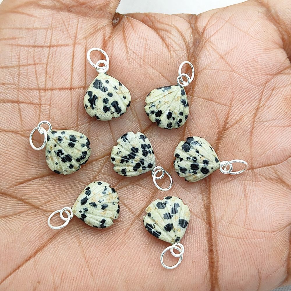 Handmade Dalmatian Jasper Pendant Heart Seashell Charm in Gold Plated Sterling Silver