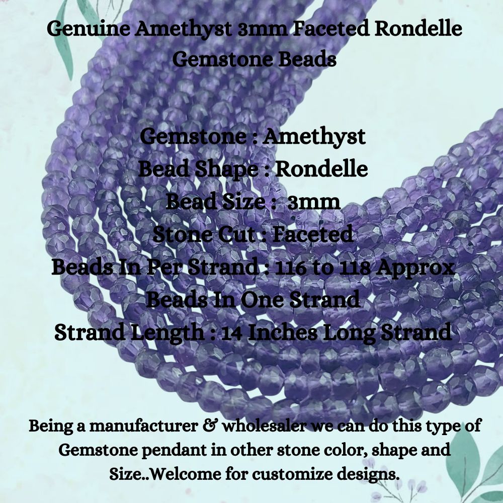 Genuine Amethyst 3mm Faceted Rondelle Gemstone Beads