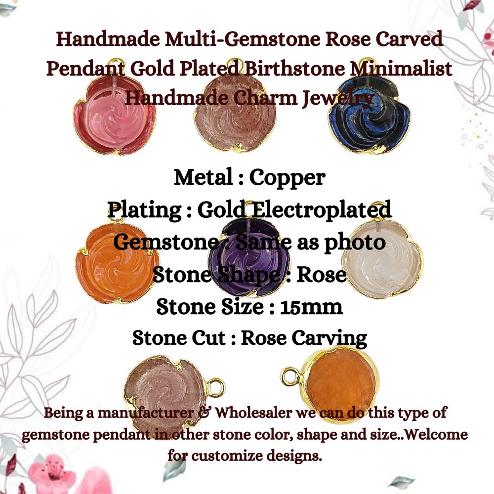 Handmade Multi-Gemstone Rose Carved Pendant Gold Plated Birthstone Minimalist Handmade Charm Jewelry for Women- Selling Per Piece