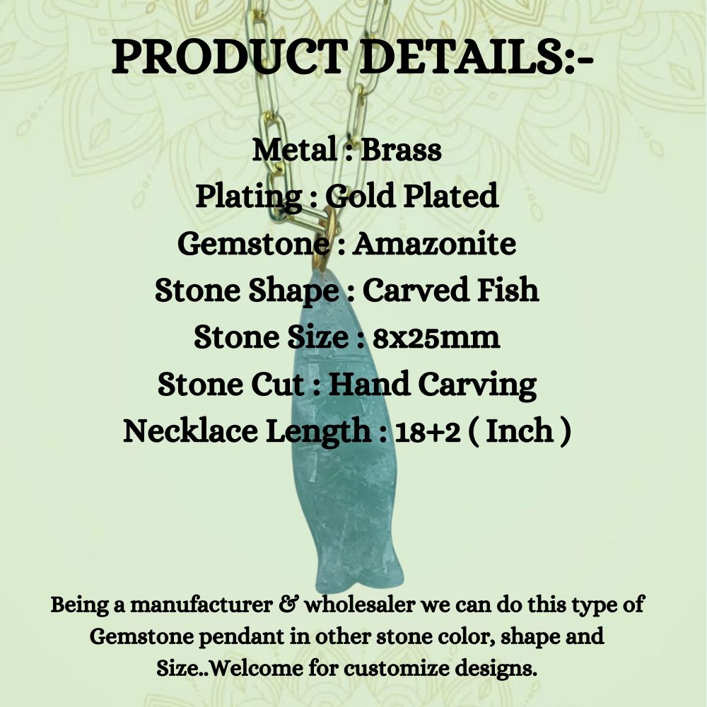 Bohemian Amazonite Fish Necklace Hand-Carved Gemstone Pendant in Gold Plated Chain- Selling Per Piece