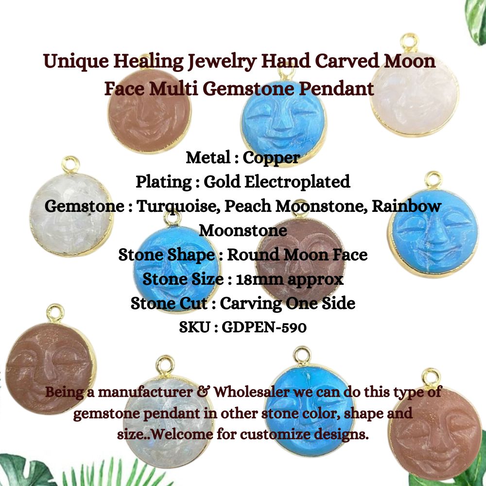 Unique Healing Jewelry Hand Carved Moon Face Multi Gemstone Pendant With Gold Electroplated- Selling Per Piece