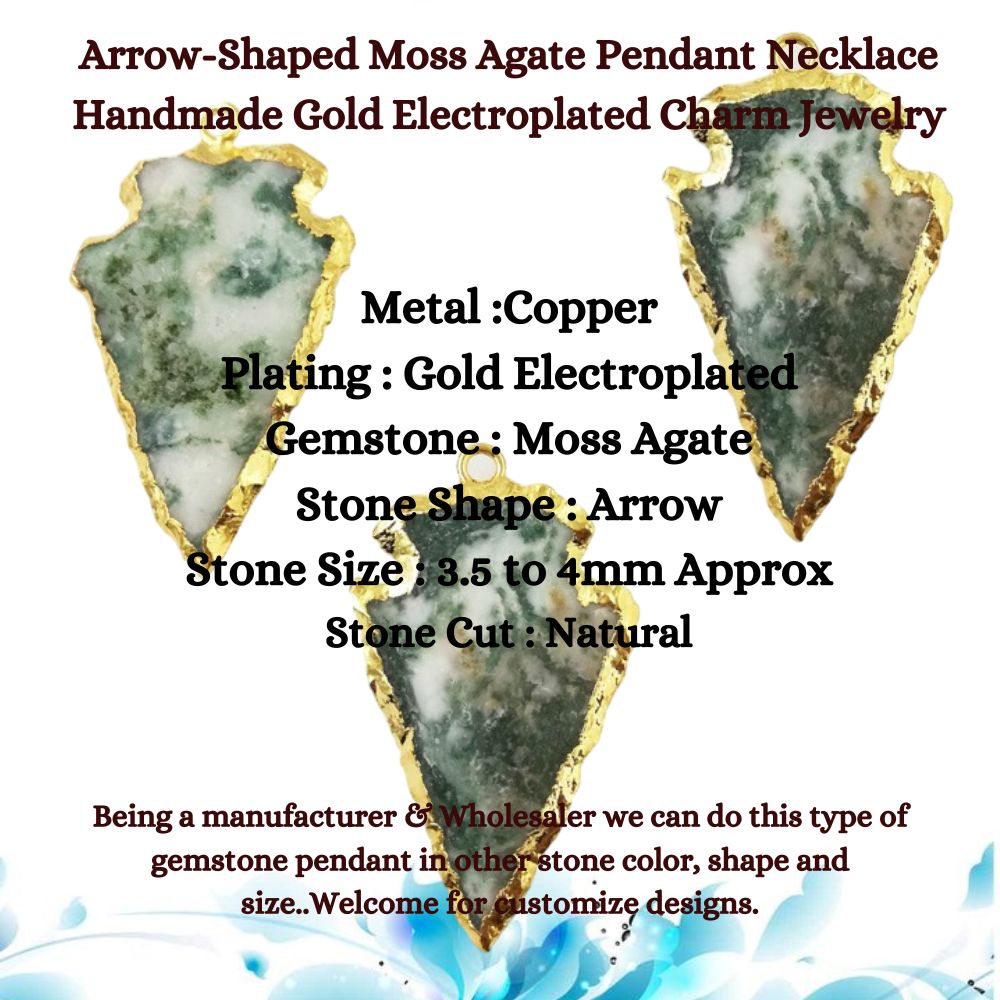 Arrow-Shaped Moss Agate Pendant Necklace Handmade Gold Electroplated Charm Jewelry For Women- Selling Per Piece