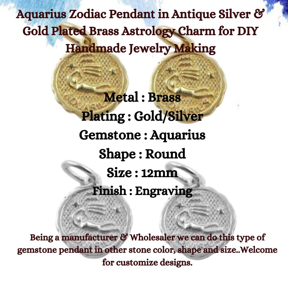 Aquarius Zodiac Pendant in Antique Silver & Gold Plated Brass Astrology Charm for DIY Handmade Jewelry Making- Selling Per Piece