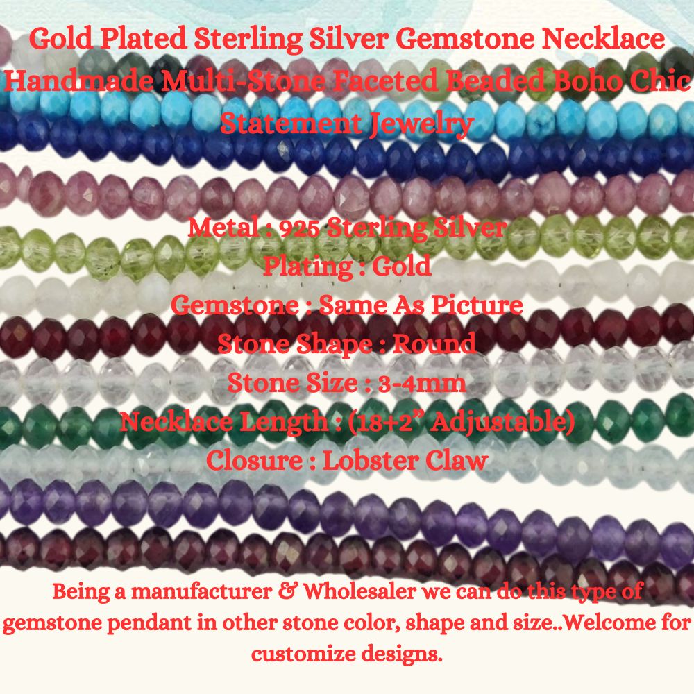 Gold Plated Sterling Silver Gemstone Necklace Handmade Multi-Stone Faceted Beaded Boho Chic Statement Jewelry with Adjustable 18+2 Inch Chain-Selling/Piece