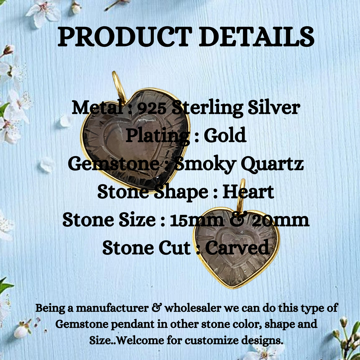 Smoky Quartz Heart-Shaped Crystal Pendant Gold Plated Sterling Silver Jewelry Gift for Women- Selling Per Piece