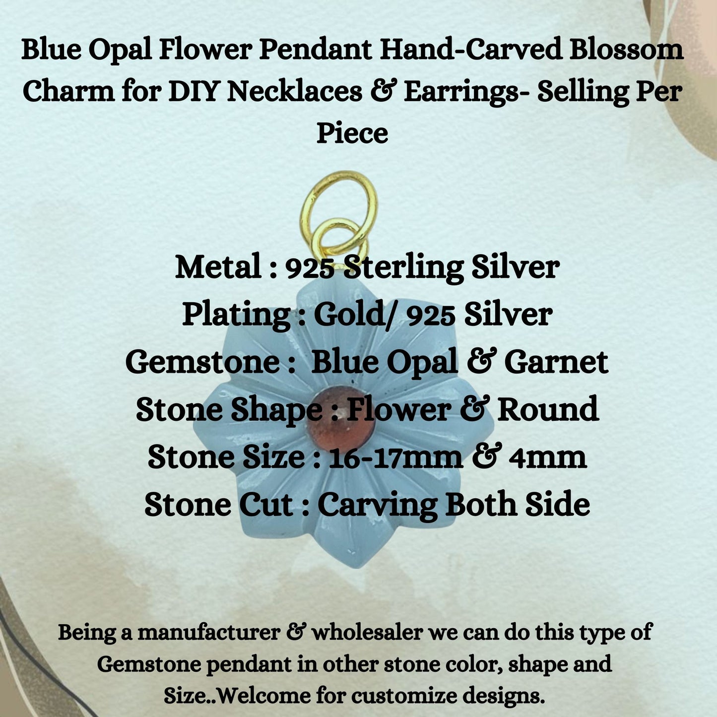 Blue Opal Flower Pendant Hand-Carved Blossom Charm for DIY Necklaces & Earrings- Selling Per Piece