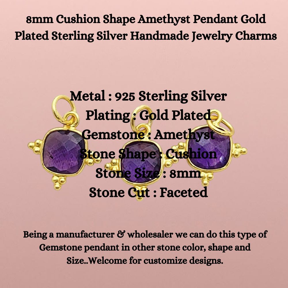 Handmade 8mm Cushion Amethyst Pendant - Gold Plated Sterling Silver Charm for Her