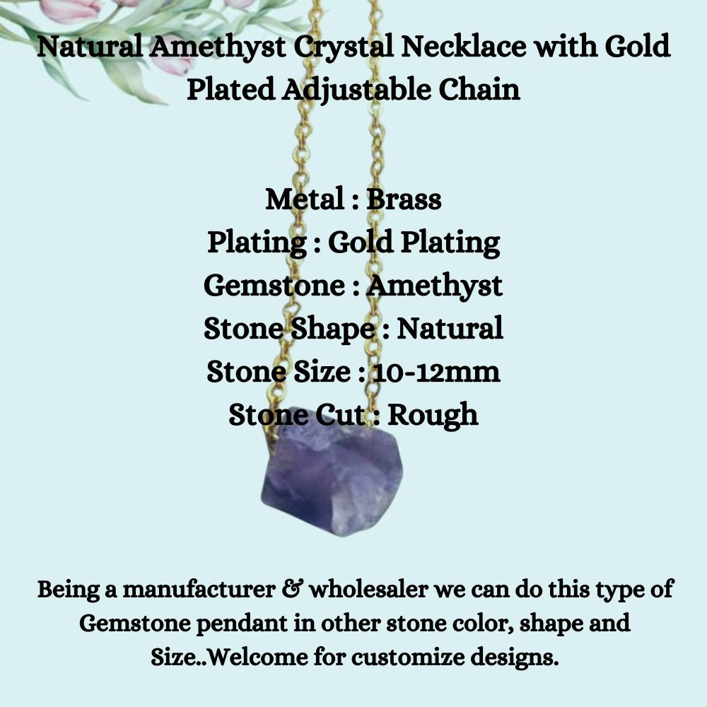 Natural Amethyst Crystal Necklace with Gold Plated Adjustable Chain