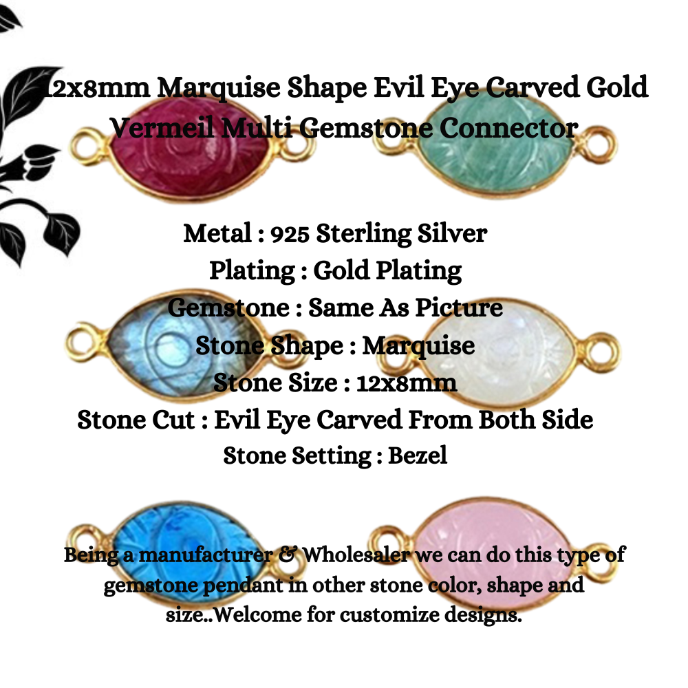 12x8mm Marquise Shape Evil Eye Carved Connector Gold Vermeil Multi Gemstone Connector For Jewelry Making- Selling/Piece