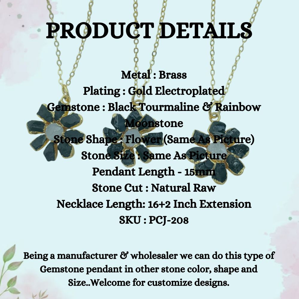 Natural Black Tourmaline Gemstone Necklace Flower Pendant with Rainbow Flash Handmade Jewelry- Selling Per Piece