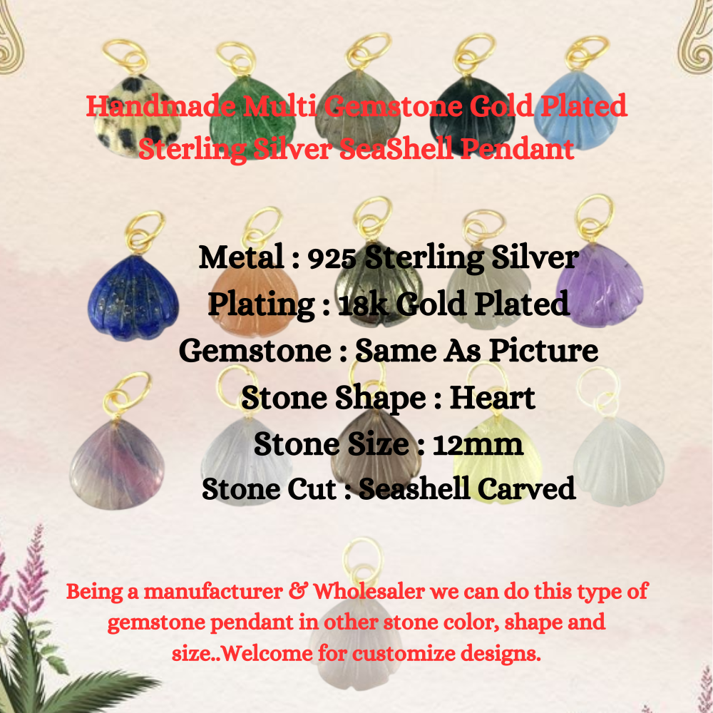 Handmade Gold Plated Sterling Silver SeaShell Pendant with Multi Gemstones Elegant & Dainty Jewelry-Selling Per Piece