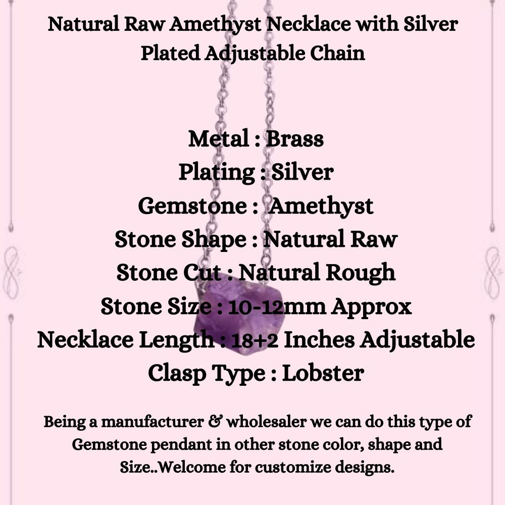 Natural Raw Amethyst Necklace with Silver Plated Adjustable Chain