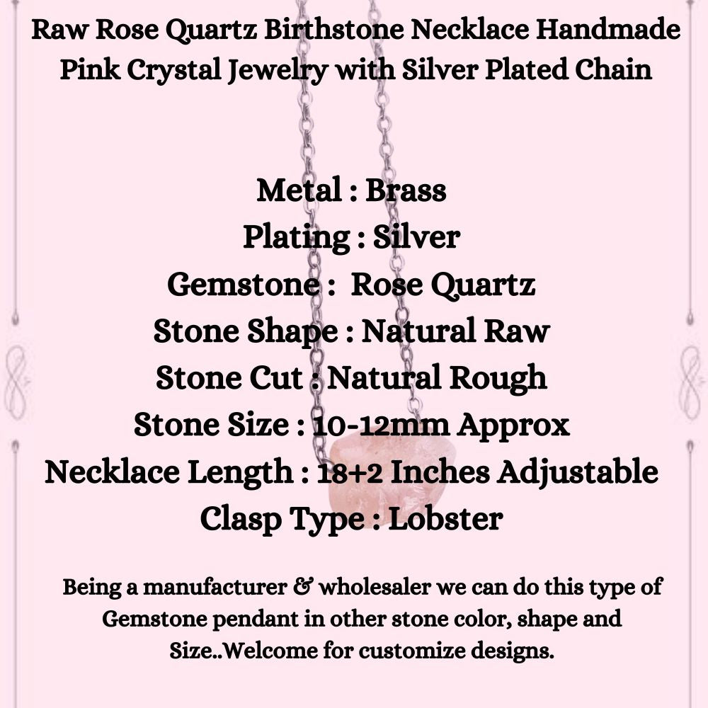 Raw Rose Quartz Birthstone Necklace Handmade Pink Crystal Jewelry with Silver Plated Chain
