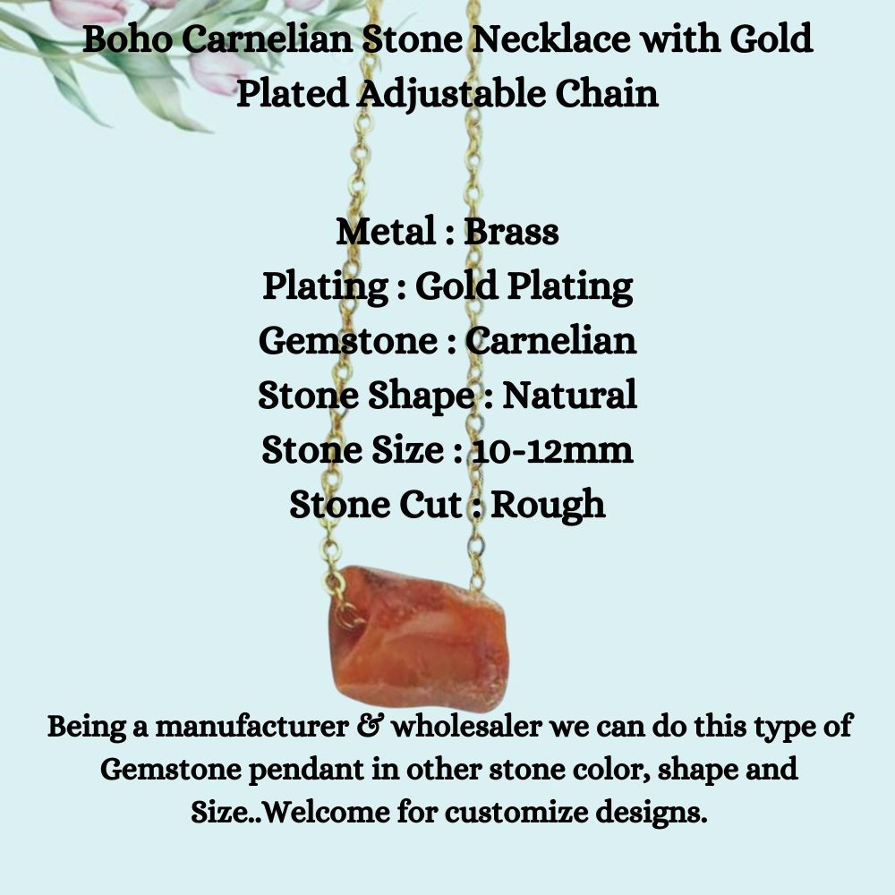 Boho Carnelian Stone Necklace with Gold Plated Adjustable Chain