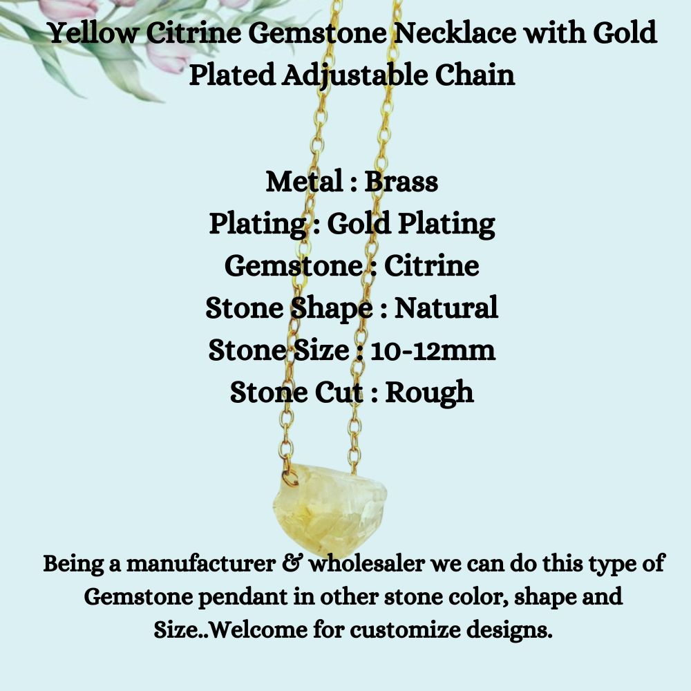 Yellow Citrine Gemstone Necklace with Gold Plated Adjustable Chain