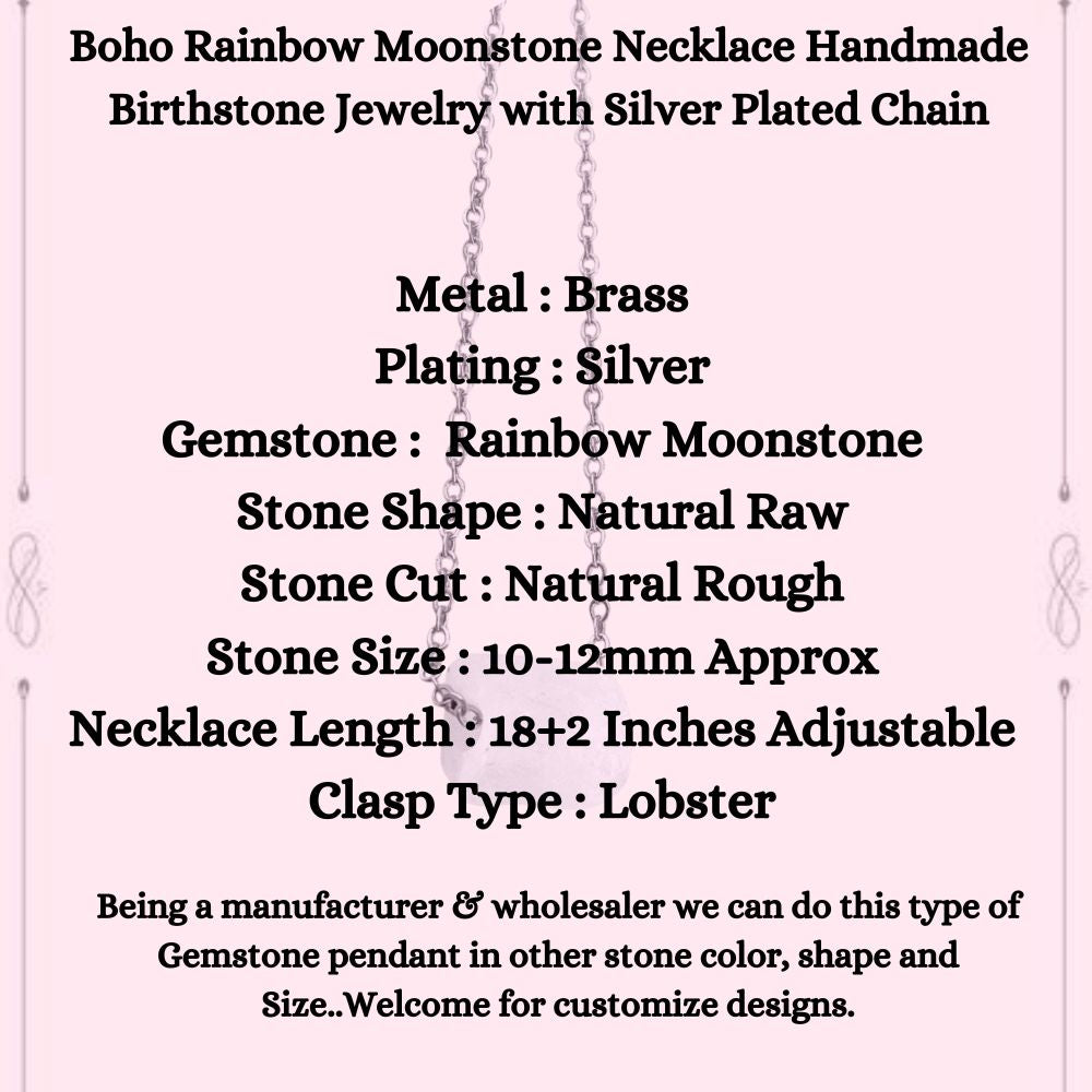 Boho Rainbow Moonstone Necklace Handmade Birthstone Jewelry with Silver Plated Chain