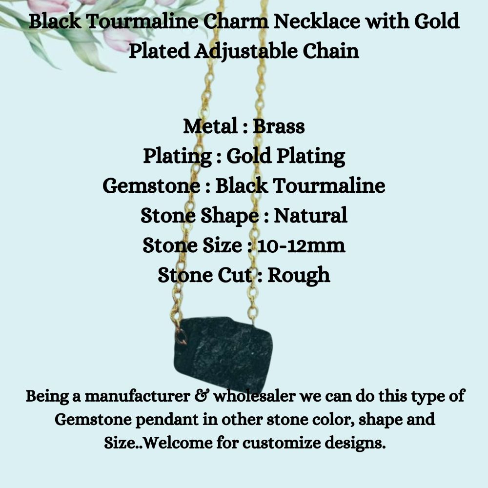 Black Tourmaline Charm Necklace with Gold Plated Adjustable Chain