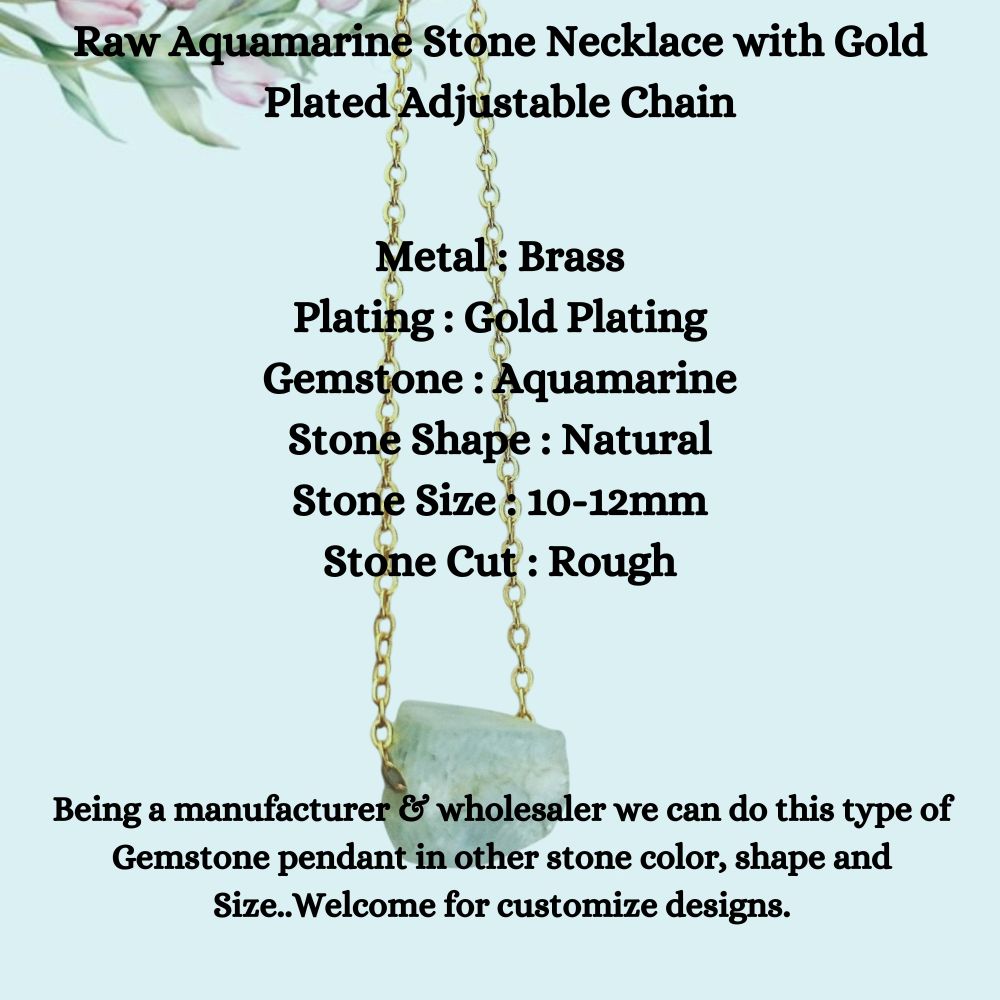 Raw Aquamarine Stone Necklace with Gold Plated Adjustable Chain