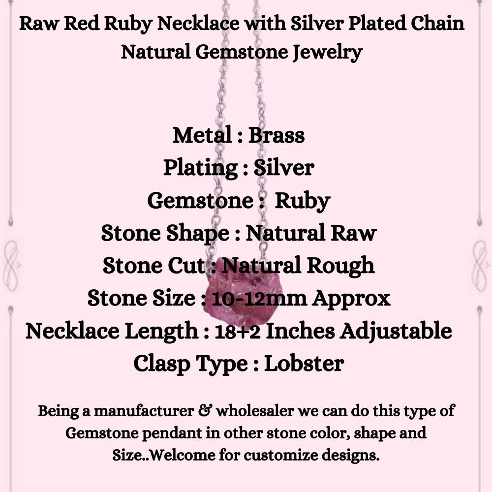 Raw Red Ruby Necklace with Silver Plated Chain Natural Gemstone Jewelry