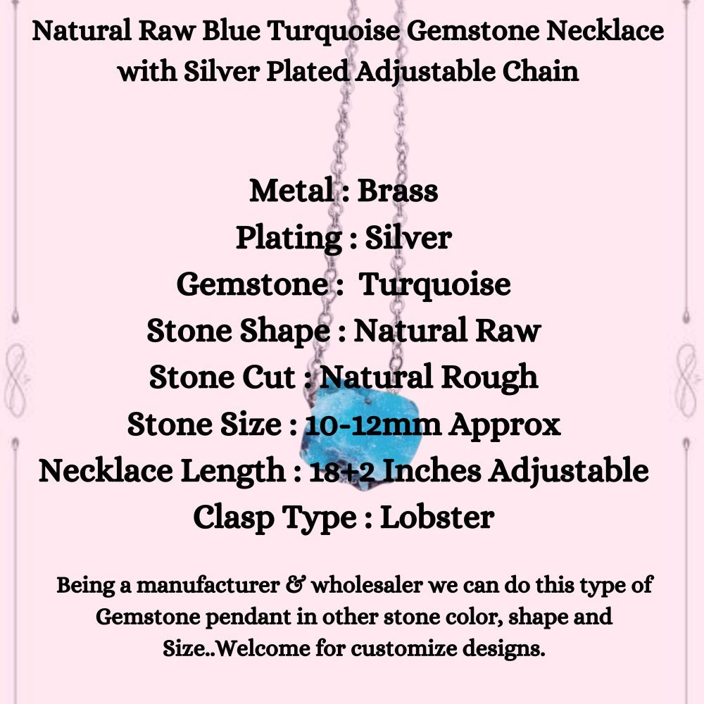 Natural Raw Blue Turquoise Gemstone Necklace with Silver Plated Adjustable Chain