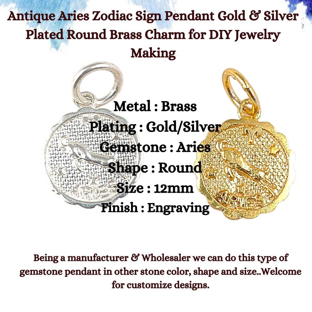 Antique Aries Zodiac Sign Pendant Gold & Silver Plated Round Brass Charm for DIY Jewelry Making Astrology Gifts- Selling Per Piece