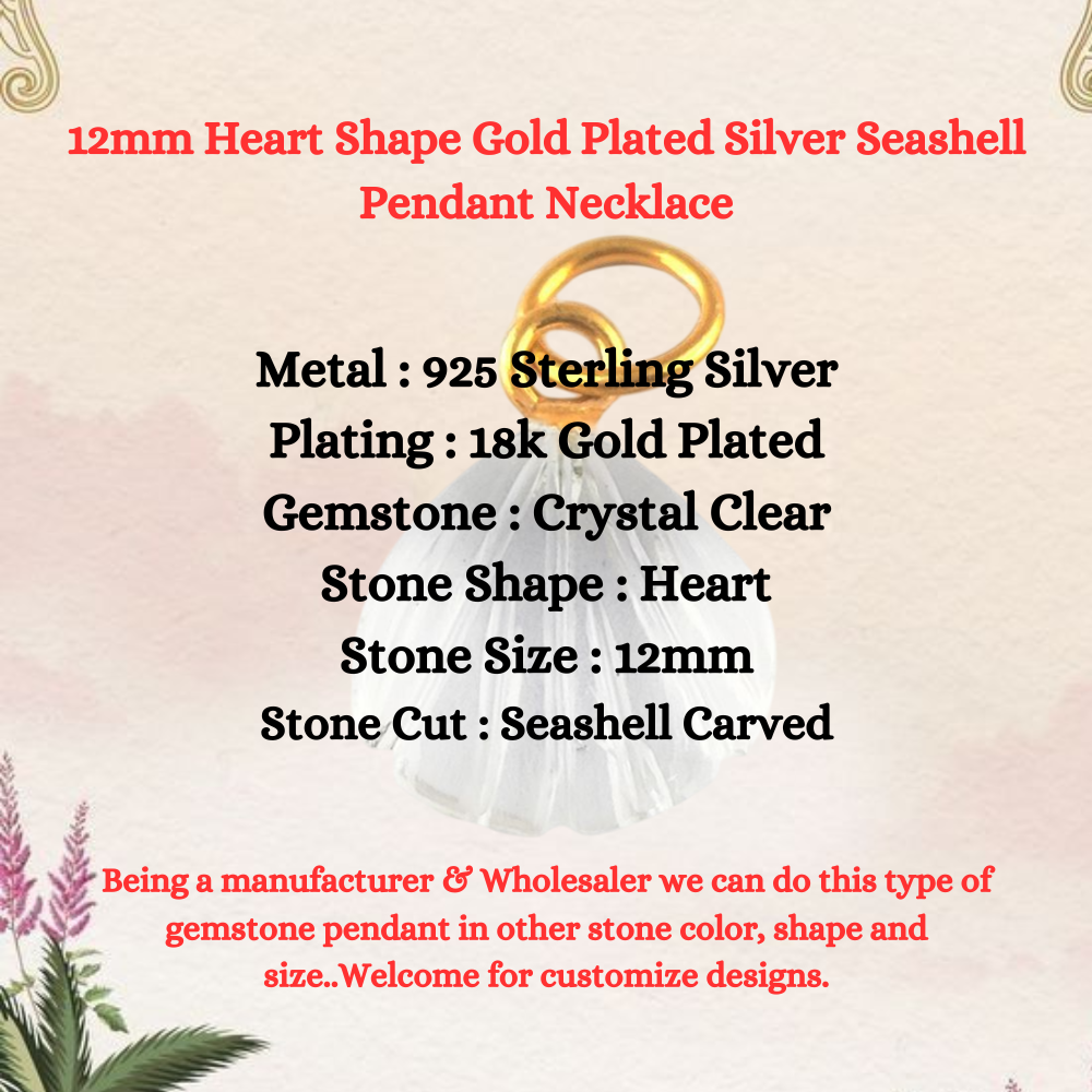 12mm Heart Shape Gold Plated Silver Pendant Seashell Crystal Clear Carved Gemstone Necklace Jewelry- Selling Per Piece