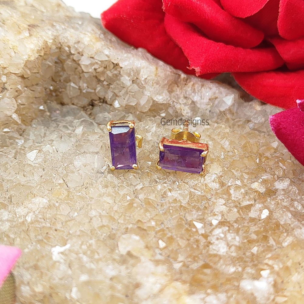 Minimalist Purple Amethyst Earrings Gold Plated Sterling Silver Studs Birthstone Gemstone Jewelry-Selling Per Pair