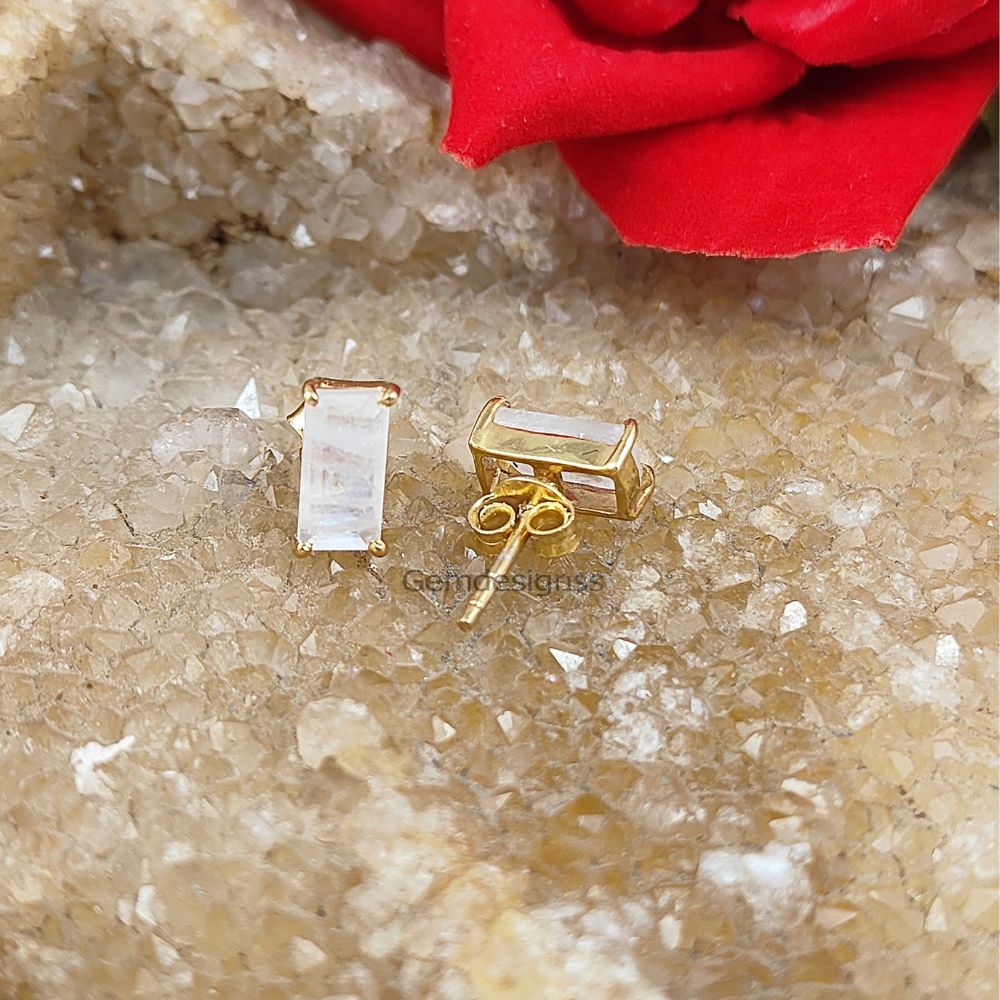June Birthstone Gold Plated Sterling Silver Studs Rainbow Moonstone Gemstone Stud Earring For Women- Selling/Pair