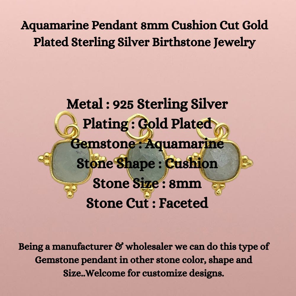 Handmade Aquamarine Pendant - 8mm Cushion Cut, Gold Plated Sterling Silver Birthstone Jewelry