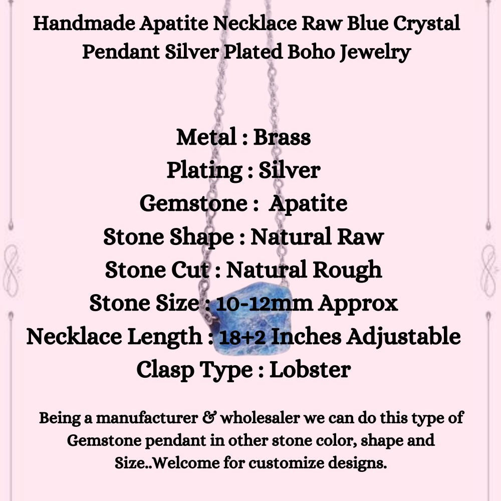 Handmade Apatite Necklace Raw Blue Crystal Pendant Silver Plated Boho Jewelry