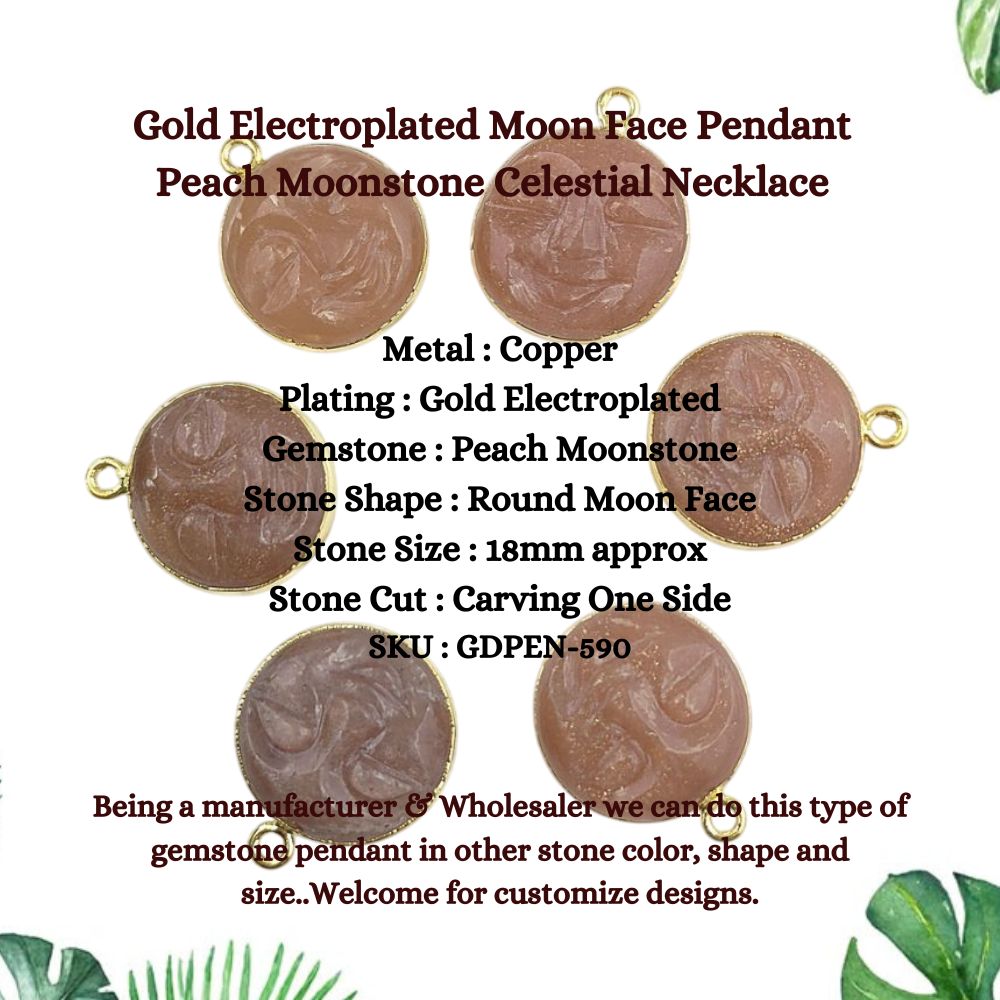 Gold Electroplated Moon Face Pendant Peach Moonstone Celestial Necklace Carved Gemstone Jewelry- Selling Per Piece